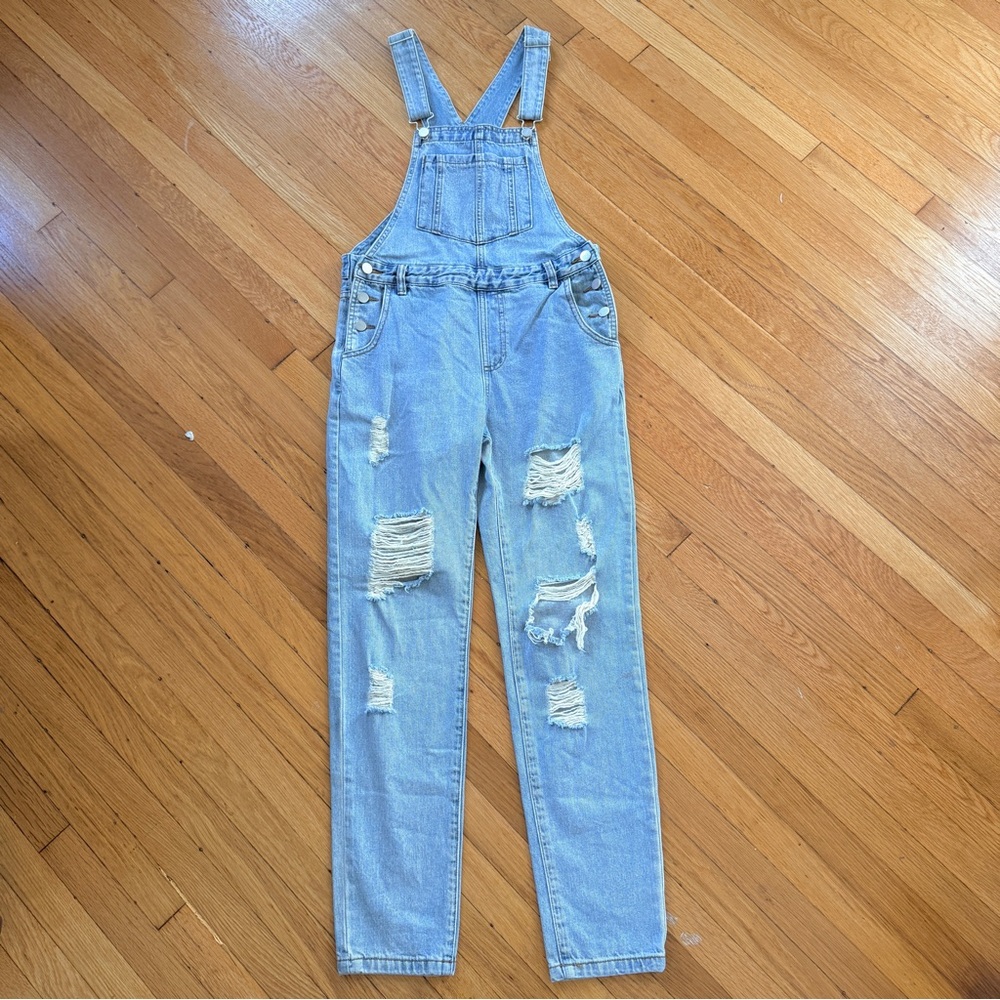12th Tribe “Runaway Girl” Distressed Denim Overalls Light Wash Size Small - Picture 2 of 8